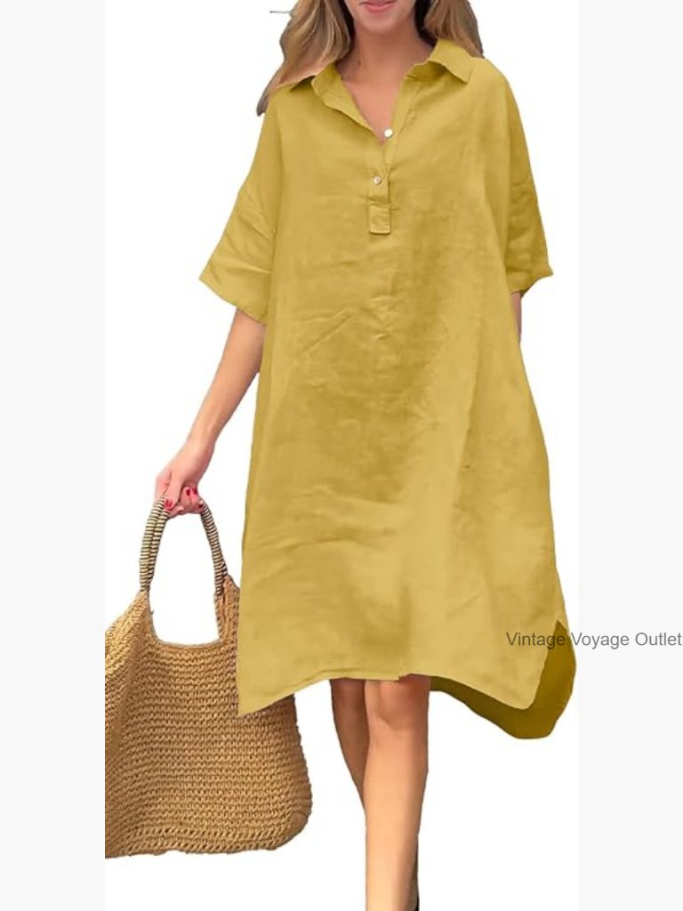 Linen Tunic Dress Midi Length Loose Fit Casual Summer Beach Wear